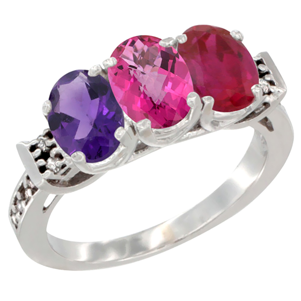 14K White Gold Natural Amethyst, Pink Topaz & Enhanced Ruby Ring 3-Stone 7x5 mm Oval Diamond Accent, sizes 5 - 10