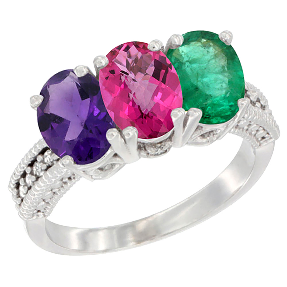 10K White Gold Natural Amethyst, Pink Topaz &amp; Emerald Ring 3-Stone Oval 7x5 mm Diamond Accent, sizes 5 - 10