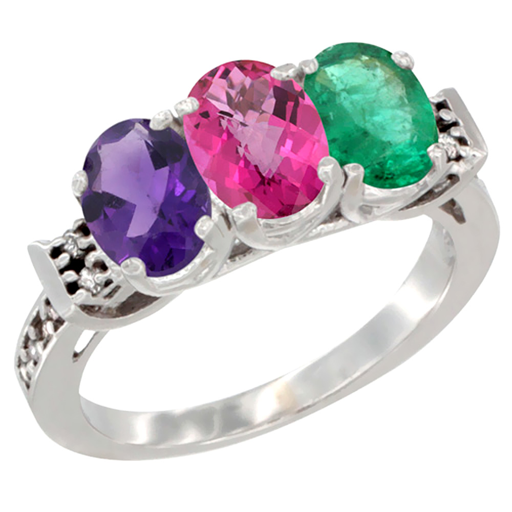 10K White Gold Natural Amethyst, Pink Topaz & Emerald Ring 3-Stone Oval 7x5 mm Diamond Accent, sizes 5 - 10