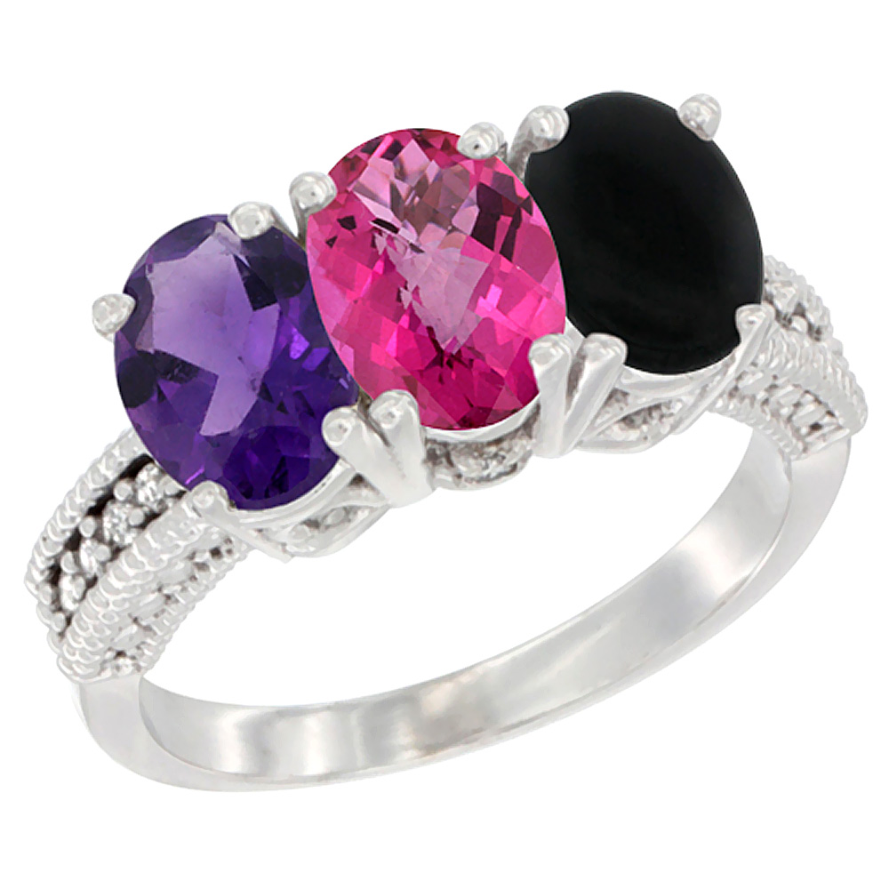 14K White Gold Natural Amethyst, Pink Topaz & Black Onyx Ring 3-Stone 7x5 mm Oval Diamond Accent, sizes 5 - 10