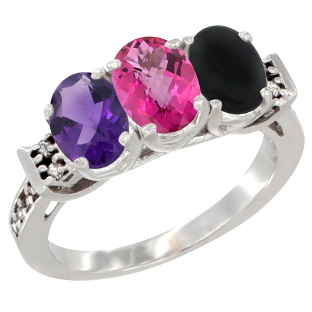 10K White Gold Natural Amethyst, Pink Topaz & Black Onyx Ring 3-Stone Oval 7x5 mm Diamond Accent, sizes 5 - 10