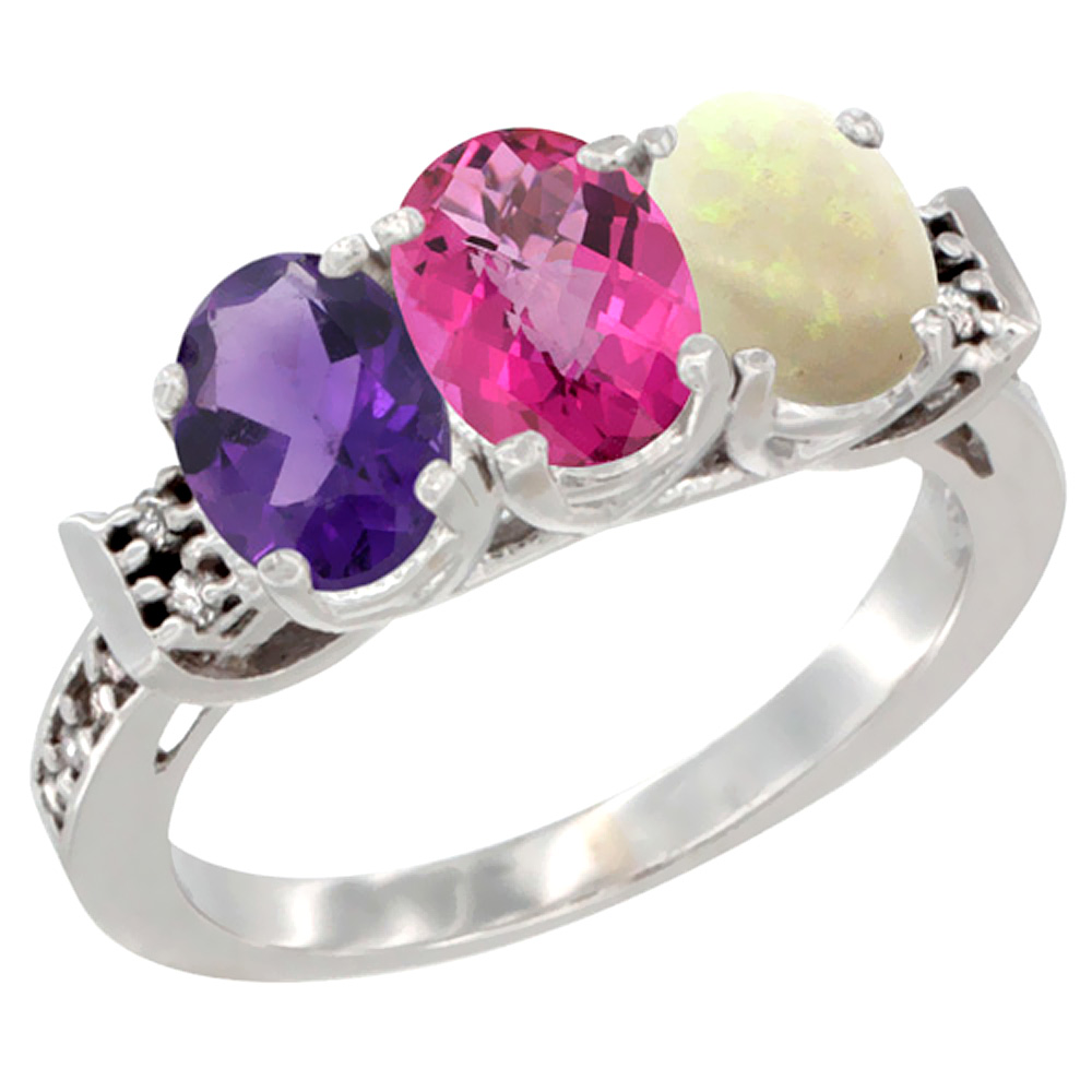 14K White Gold Natural Amethyst, Pink Topaz & Opal Ring 3-Stone 7x5 mm Oval Diamond Accent, sizes 5 - 10