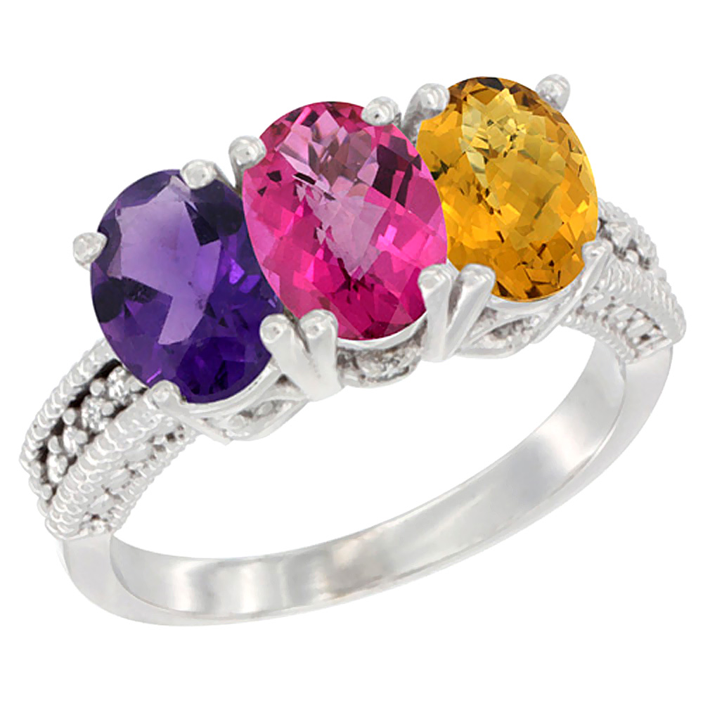 14K White Gold Natural Amethyst, Pink Topaz & Whisky Quartz Ring 3-Stone 7x5 mm Oval Diamond Accent, sizes 5 - 10