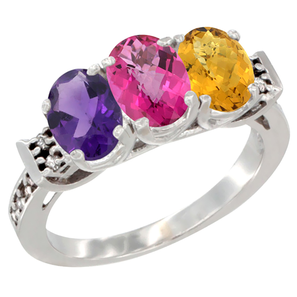 14K White Gold Natural Amethyst, Pink Topaz & Whisky Quartz Ring 3-Stone 7x5 mm Oval Diamond Accent, sizes 5 - 10