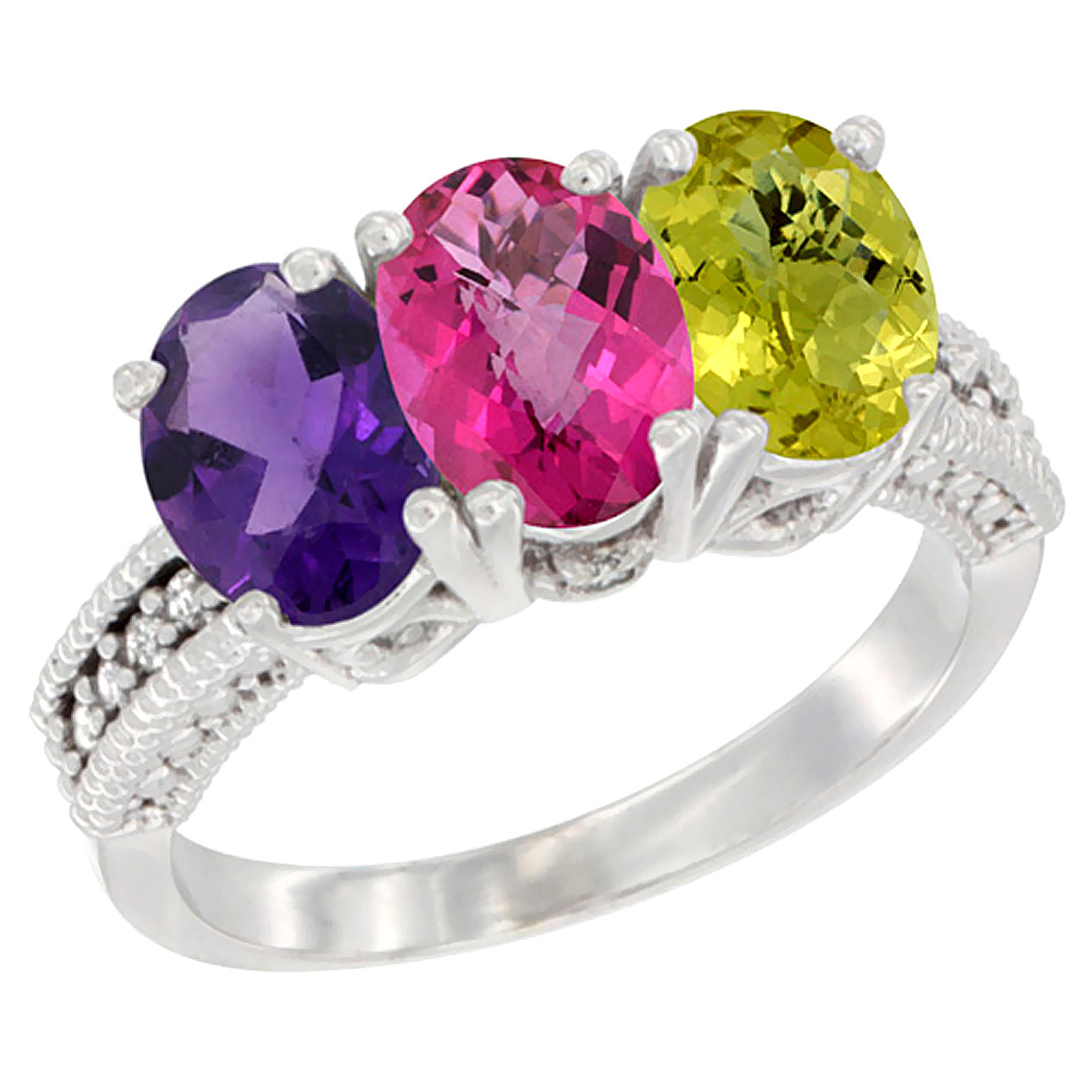 14K White Gold Natural Amethyst, Pink Topaz & Lemon Quartz Ring 3-Stone 7x5 mm Oval Diamond Accent, sizes 5 - 10