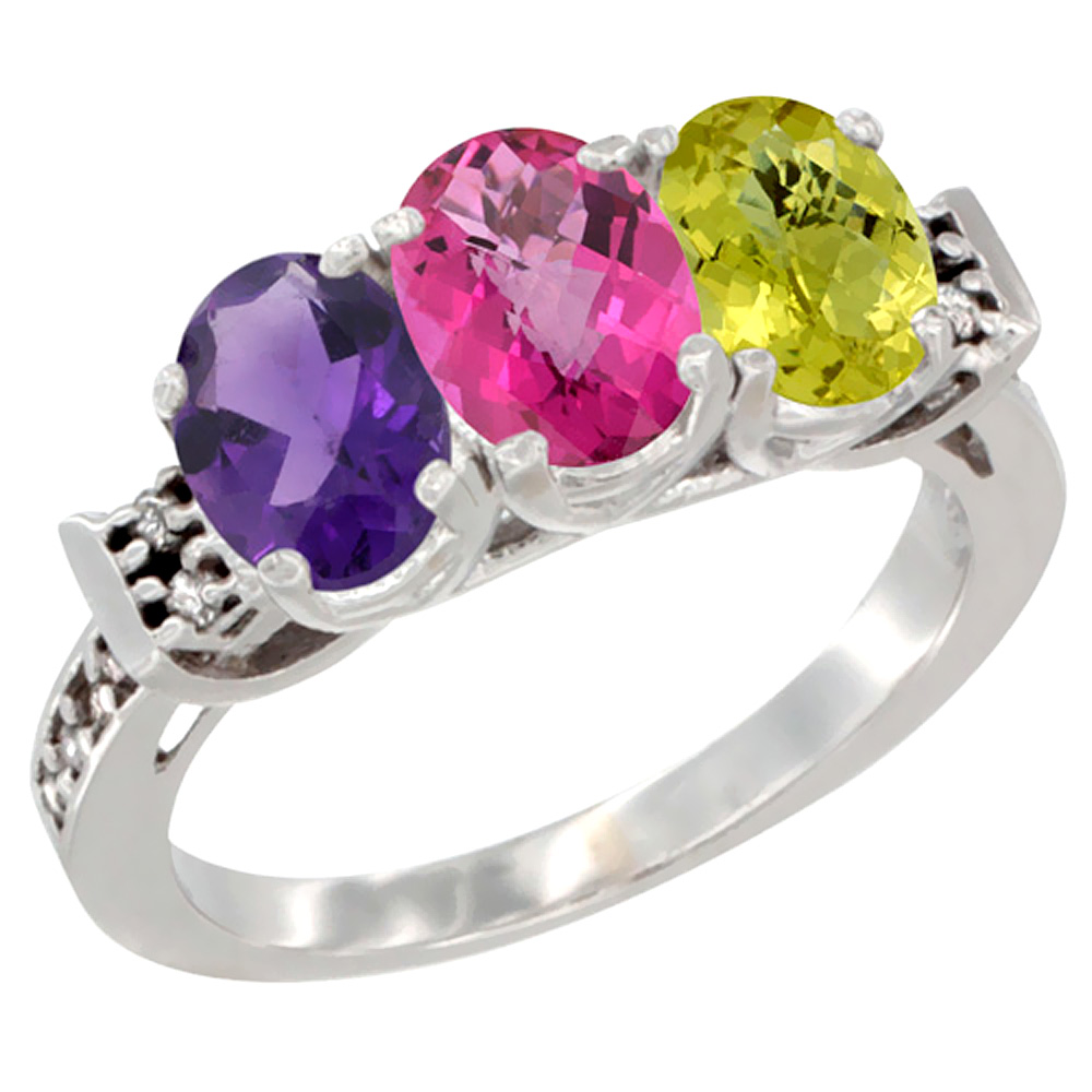 14K White Gold Natural Amethyst, Pink Topaz & Lemon Quartz Ring 3-Stone 7x5 mm Oval Diamond Accent, sizes 5 - 10