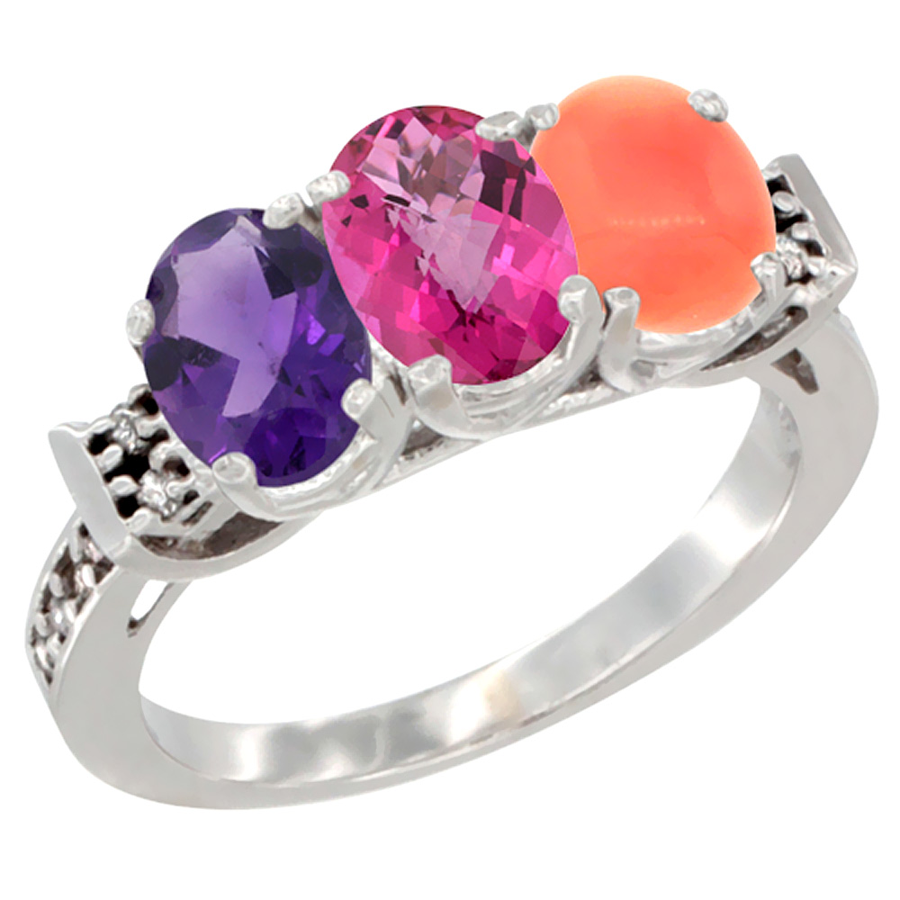 14K White Gold Natural Amethyst, Pink Topaz & Coral Ring 3-Stone 7x5 mm Oval Diamond Accent, sizes 5 - 10