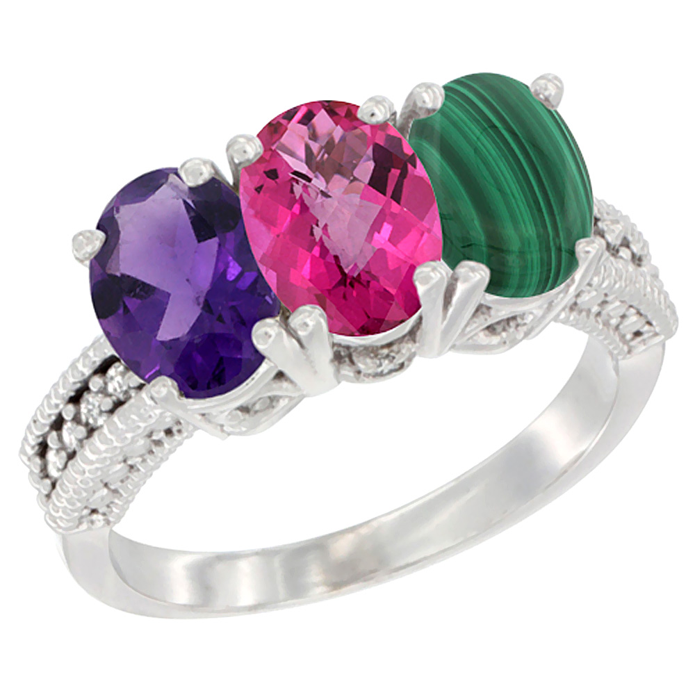 14K White Gold Natural Amethyst, Pink Topaz & Malachite Ring 3-Stone 7x5 mm Oval Diamond Accent, sizes 5 - 10