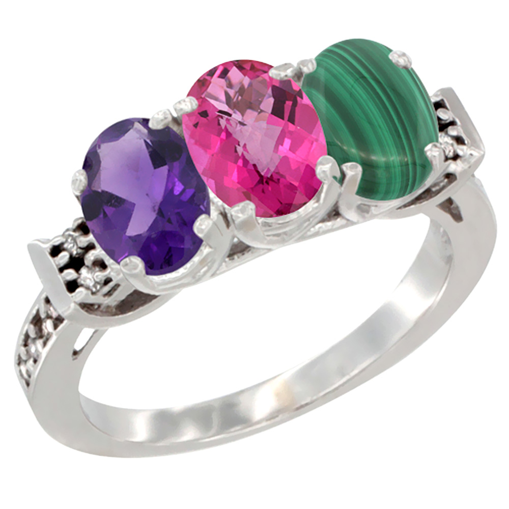 14K White Gold Natural Amethyst, Pink Topaz & Malachite Ring 3-Stone 7x5 mm Oval Diamond Accent, sizes 5 - 10