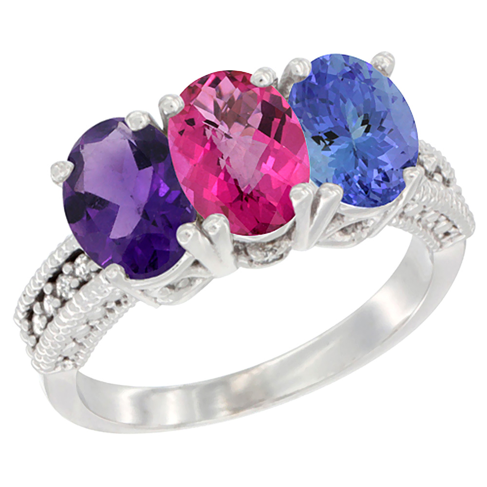 14K White Gold Natural Amethyst, Pink Topaz & Tanzanite Ring 3-Stone 7x5 mm Oval Diamond Accent, sizes 5 - 10