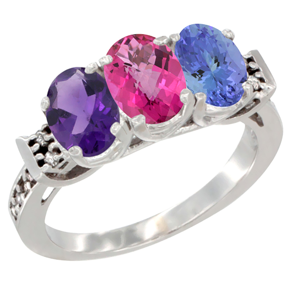 14K White Gold Natural Amethyst, Pink Topaz &amp; Tanzanite Ring 3-Stone 7x5 mm Oval Diamond Accent, sizes 5 - 10