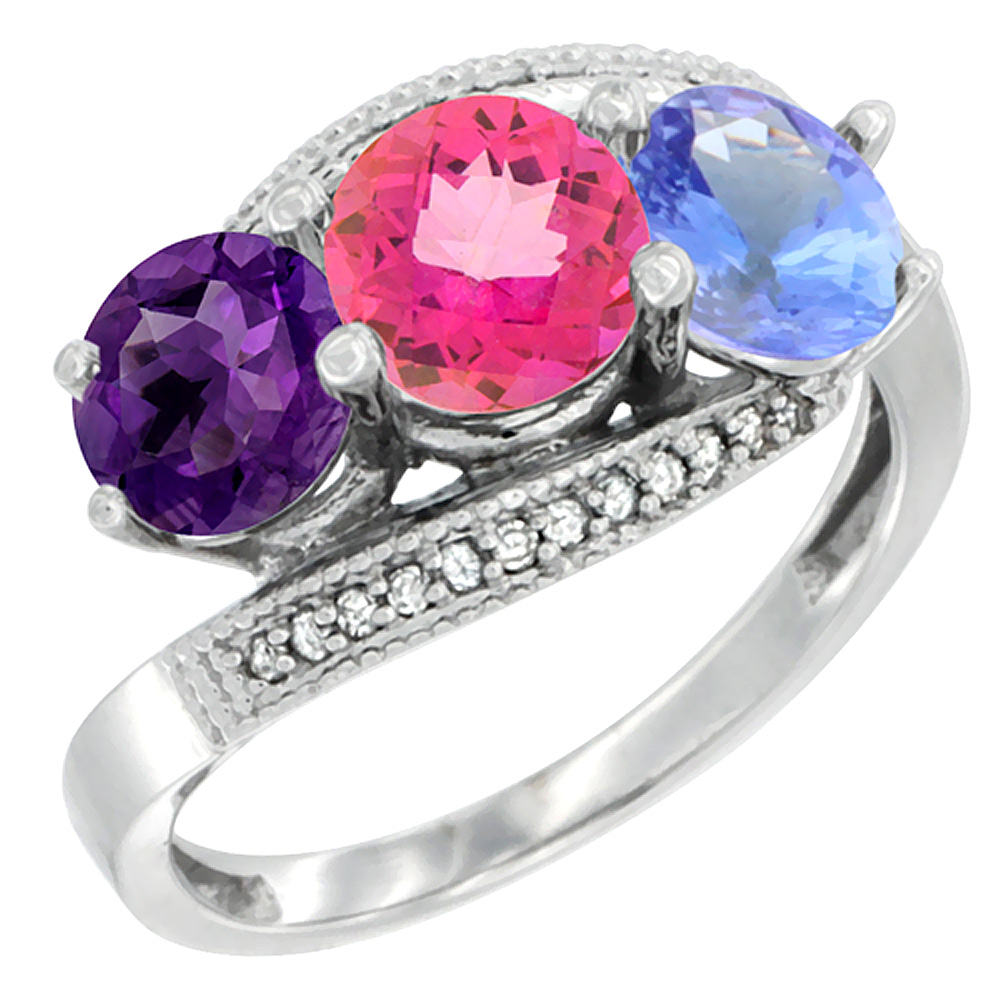 14K White Gold Natural Amethyst, Pink Topaz &amp; Tanzanite 3 stone Ring Round 6mm Diamond Accent, sizes 5 - 10