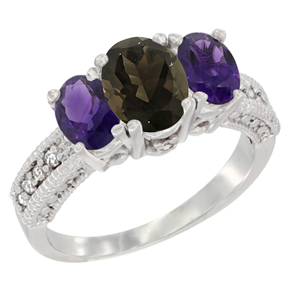 14K White Gold Diamond Natural Smoky Topaz Ring Oval 3-stone with Amethyst, sizes 5 - 10