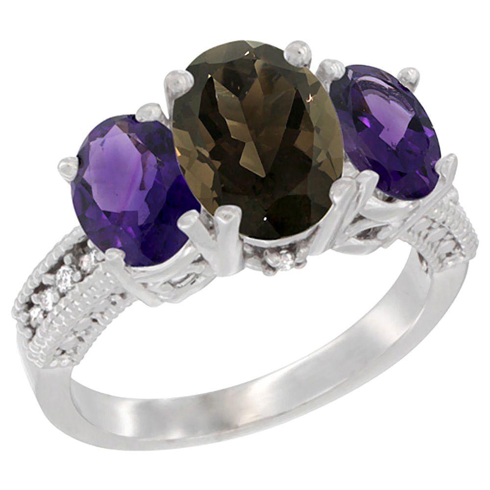 14K White Gold Diamond Natural Smoky Topaz Ring 3-Stone Oval 8x6mm with Amethyst, sizes5-10