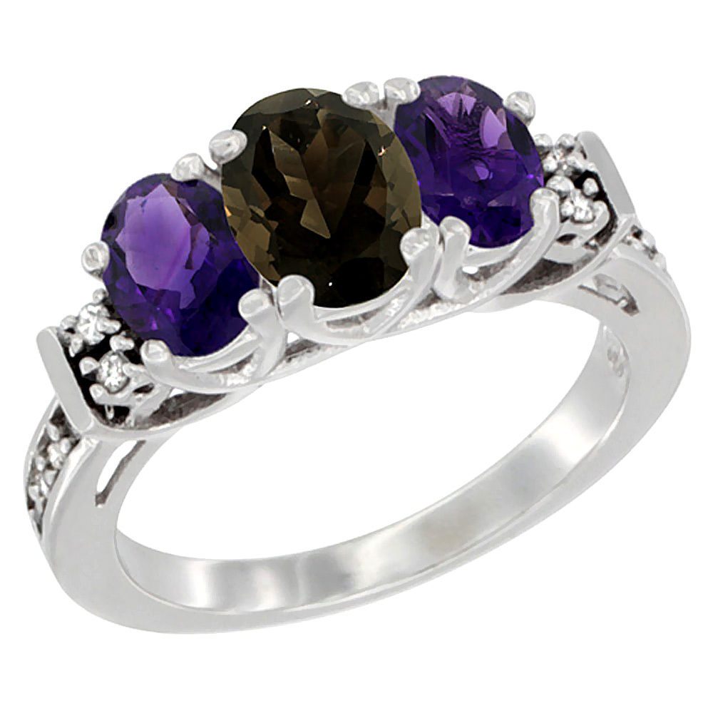 14K White Gold Natural Smoky Topaz &amp; Amethyst Ring 3-Stone Oval Diamond Accent, sizes 5-10