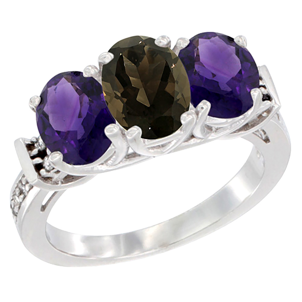 14K White Gold Natural Smoky Topaz &amp; Amethyst Sides Ring 3-Stone Oval Diamond Accent, sizes 5 - 10