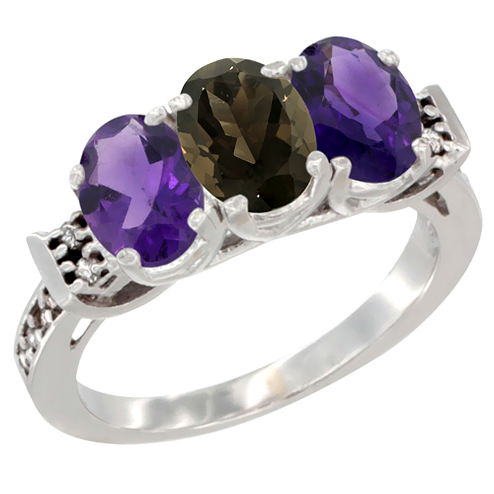 10K White Gold Natural Smoky Topaz &amp; Amethyst Sides Ring 3-Stone Oval 7x5 mm Diamond Accent, sizes 5 - 10