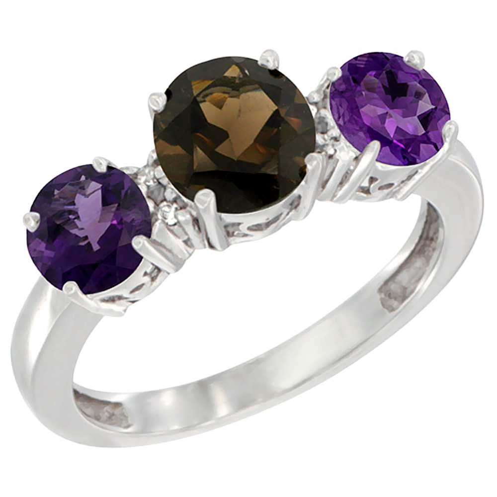 14K White Gold Round 3-Stone Natural Smoky Topaz Ring & Amethyst Sides Diamond Accent, sizes 5 - 10