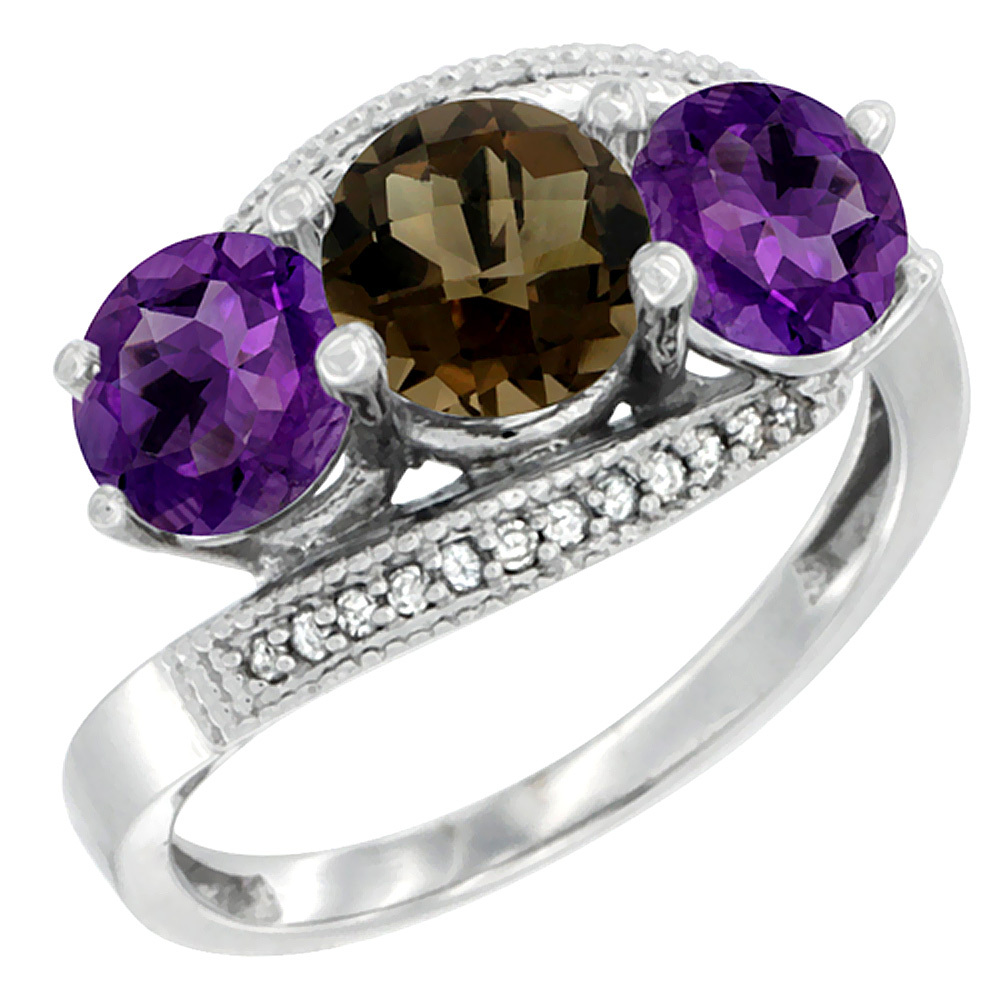 10K White Gold Natural Smoky Topaz &amp; Amethyst Sides 3 stone Ring Round 6mm Diamond Accent, sizes 5 - 10