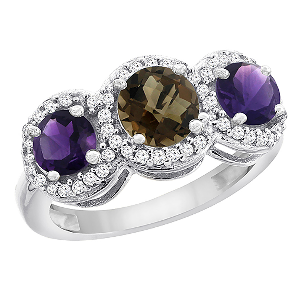 10K White Gold Natural Smoky Topaz & Amethyst Sides Round 3-stone Ring Diamond Accents, sizes 5 - 10