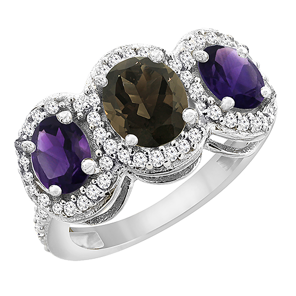 10K White Gold Natural Smoky Topaz &amp; Amethyst 3-Stone Ring Oval Diamond Accent, sizes 5 - 10