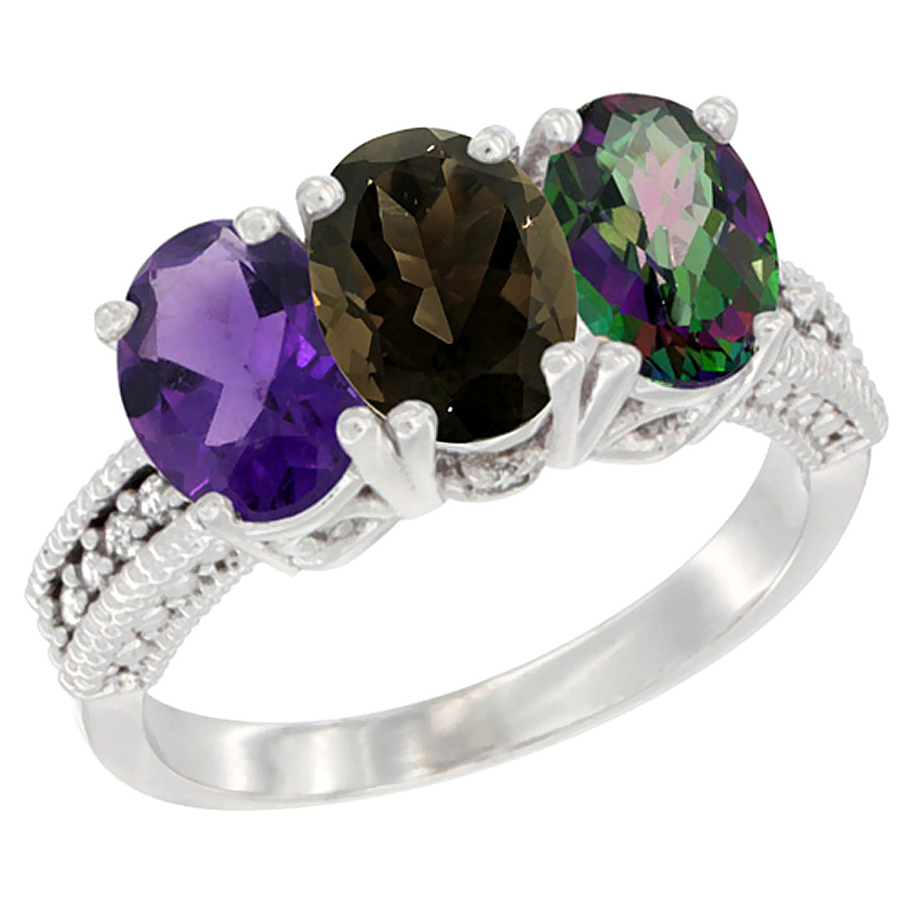 14K White Gold Natural Amethyst, Smoky Topaz &amp; Mystic Topaz Ring 3-Stone 7x5 mm Oval Diamond Accent, sizes 5 - 10