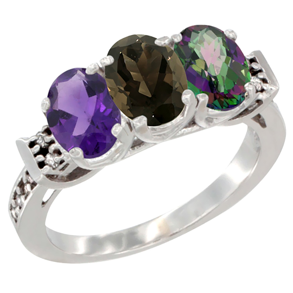 10K White Gold Natural Amethyst, Smoky Topaz & Mystic Topaz Ring 3-Stone Oval 7x5 mm Diamond Accent, sizes 5 - 10