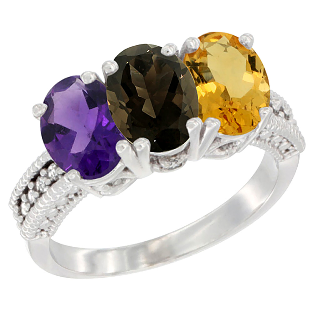 10K White Gold Natural Amethyst, Smoky Topaz & Citrine Ring 3-Stone Oval 7x5 mm Diamond Accent, sizes 5 - 10