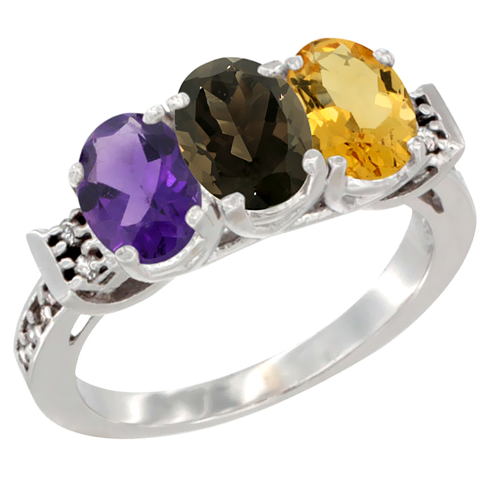 10K White Gold Natural Amethyst, Smoky Topaz & Citrine Ring 3-Stone Oval 7x5 mm Diamond Accent, sizes 5 - 10