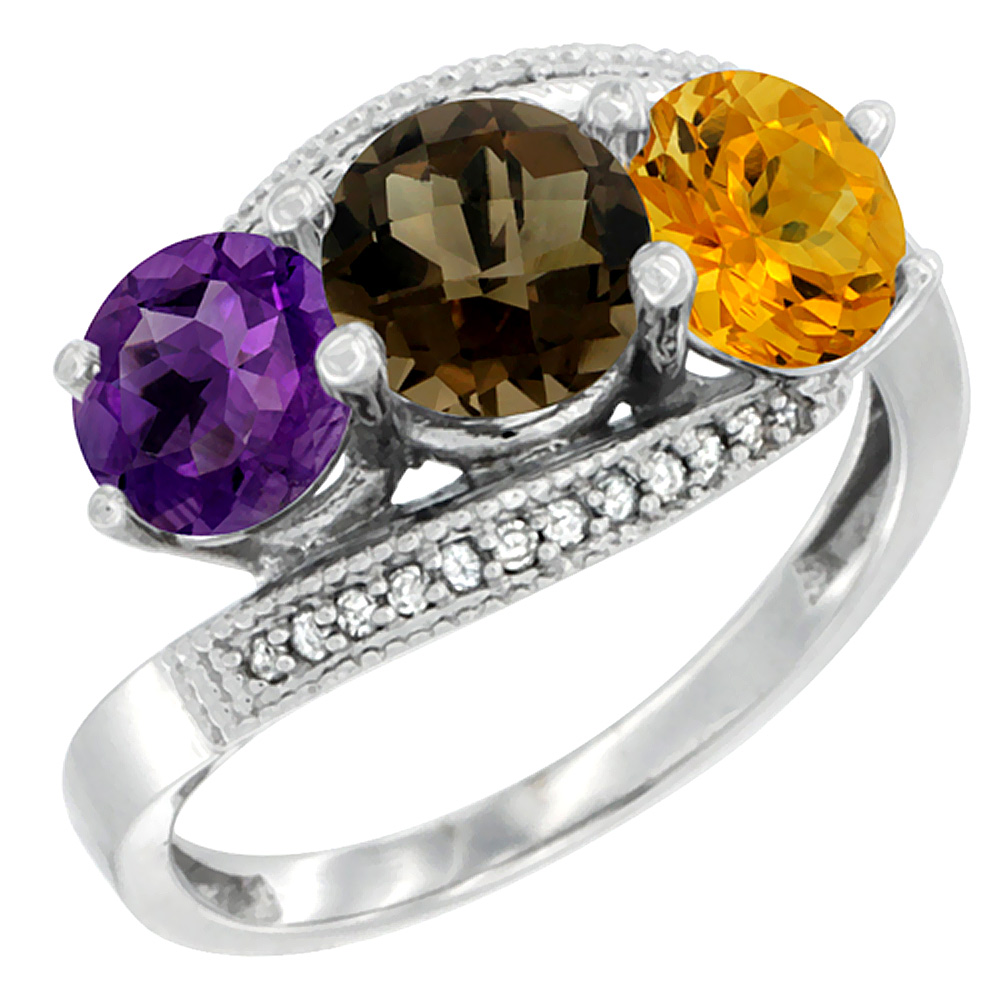 10K White Gold Natural Amethyst, Smoky Topaz & Citrine 3 stone Ring Round 6mm Diamond Accent, sizes 5 - 10