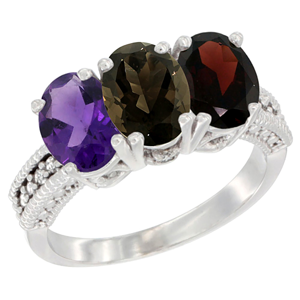 14K White Gold Natural Amethyst, Smoky Topaz & Garnet Ring 3-Stone 7x5 mm Oval Diamond Accent, sizes 5 - 10