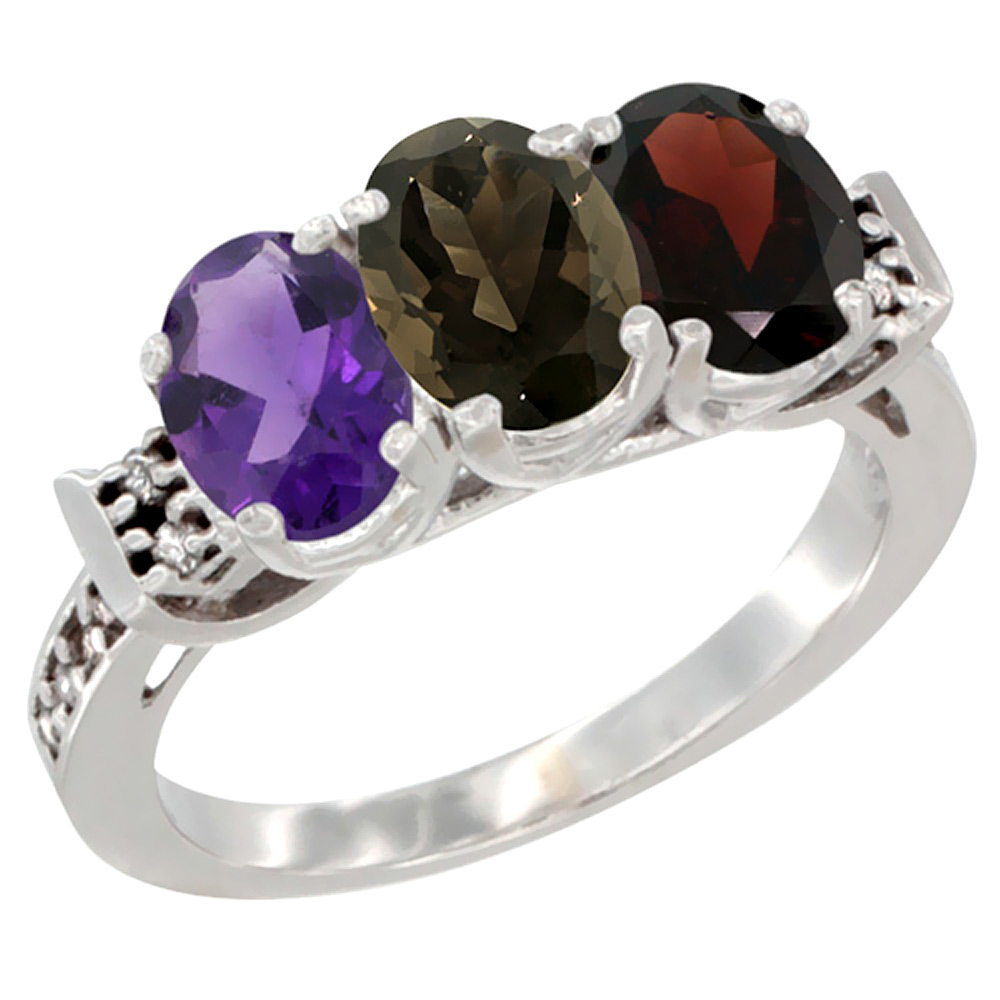 10K White Gold Natural Amethyst, Smoky Topaz &amp; Garnet Ring 3-Stone Oval 7x5 mm Diamond Accent, sizes 5 - 10