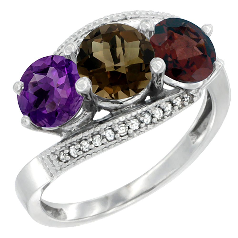 10K White Gold Natural Amethyst, Smoky Topaz & Garnet 3 stone Ring Round 6mm Diamond Accent, sizes 5 - 10