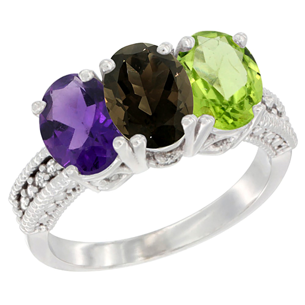 14K White Gold Natural Amethyst, Smoky Topaz &amp; Peridot Ring 3-Stone 7x5 mm Oval Diamond Accent, sizes 5 - 10