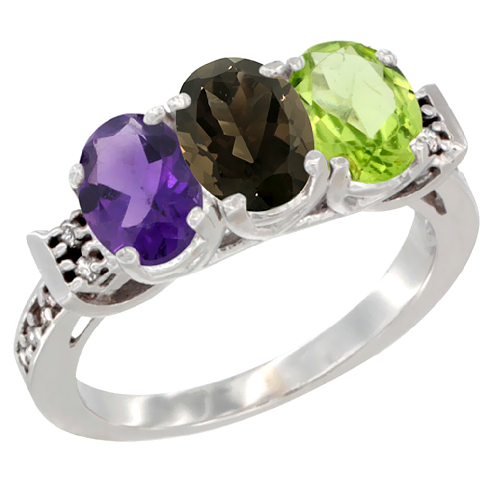 10K White Gold Natural Amethyst, Smoky Topaz &amp; Peridot Ring 3-Stone Oval 7x5 mm Diamond Accent, sizes 5 - 10