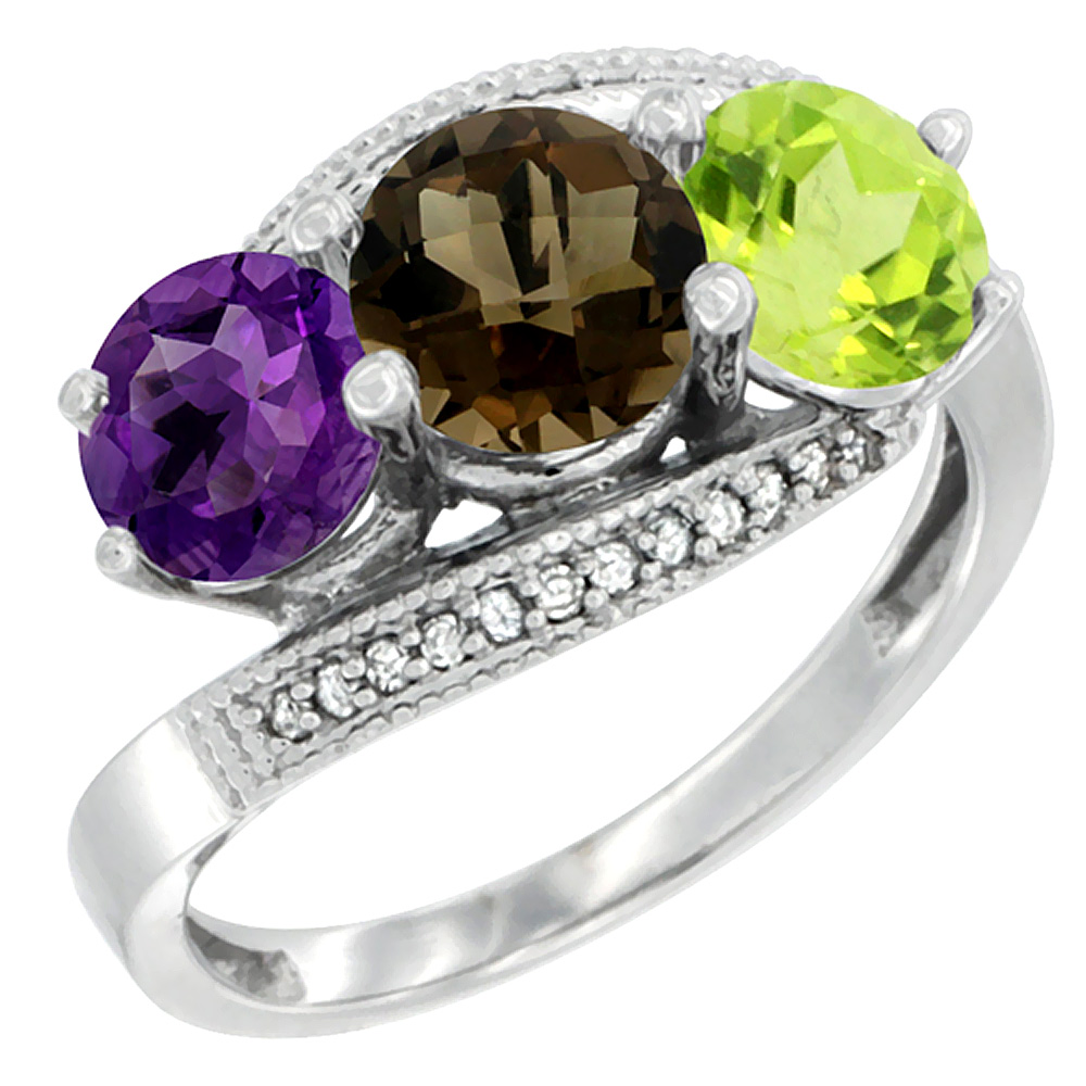 14K White Gold Natural Amethyst, Smoky Topaz & Peridot 3 stone Ring Round 6mm Diamond Accent, sizes 5 - 10