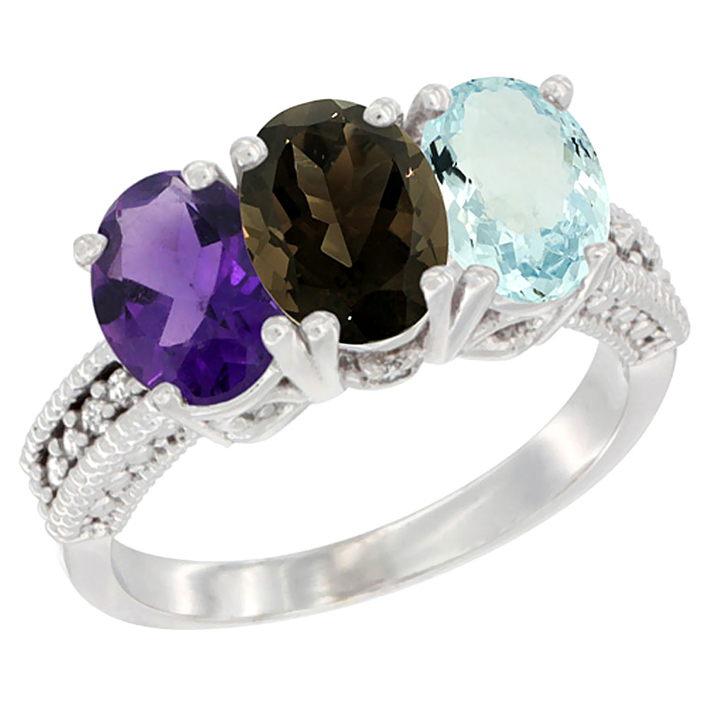 14K White Gold Natural Amethyst, Smoky Topaz & Aquamarine Ring 3-Stone 7x5 mm Oval Diamond Accent, sizes 5 - 10