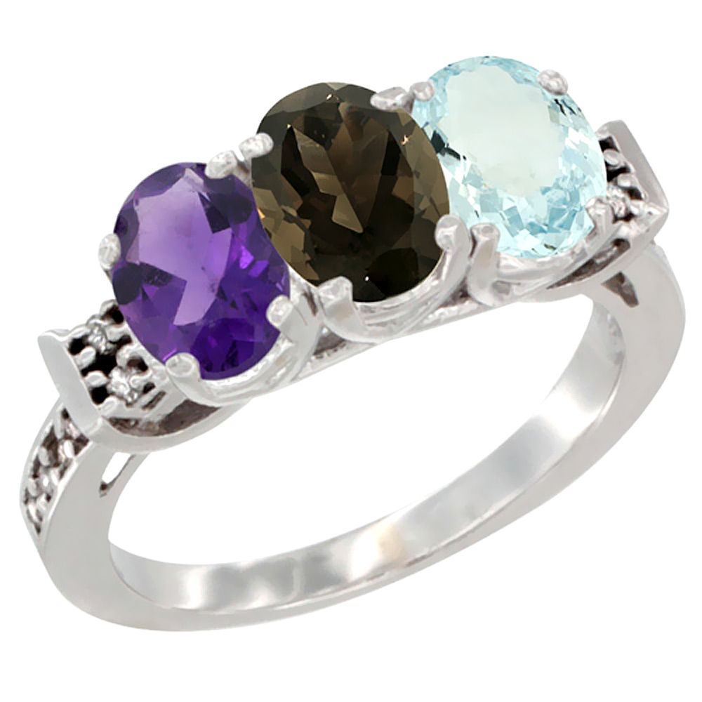 10K White Gold Natural Amethyst, Smoky Topaz & Aquamarine Ring 3-Stone Oval 7x5 mm Diamond Accent, sizes 5 - 10