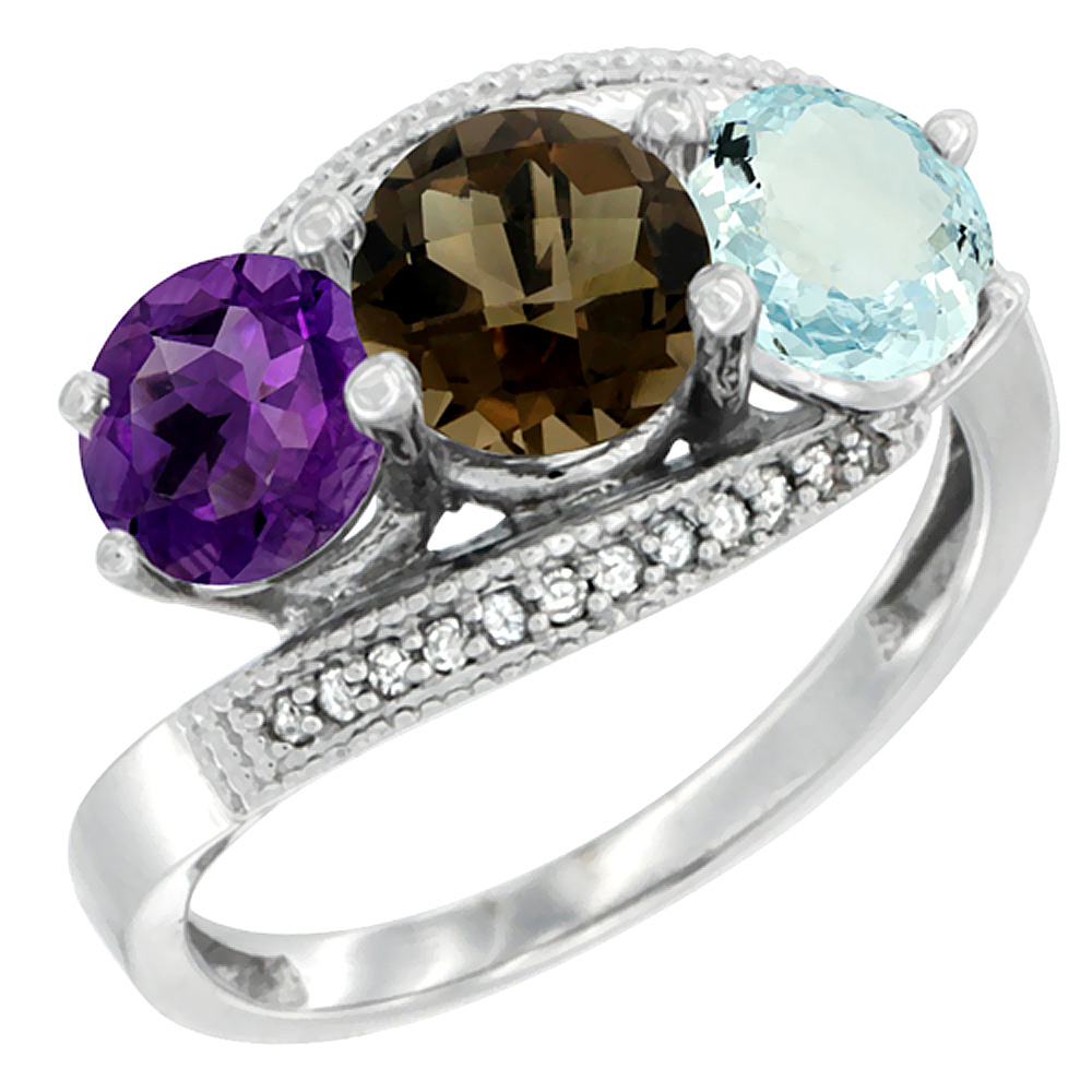 10K White Gold Natural Amethyst, Smoky Topaz & Aquamarine 3 stone Ring Round 6mm Diamond Accent, sizes 5 - 10