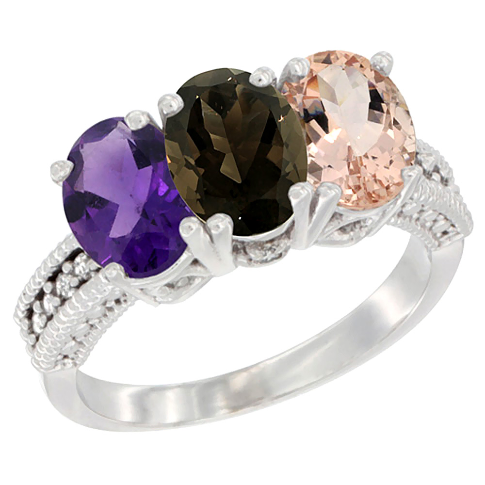 14K White Gold Natural Amethyst, Smoky Topaz & Morganite Ring 3-Stone 7x5 mm Oval Diamond Accent, sizes 5 - 10