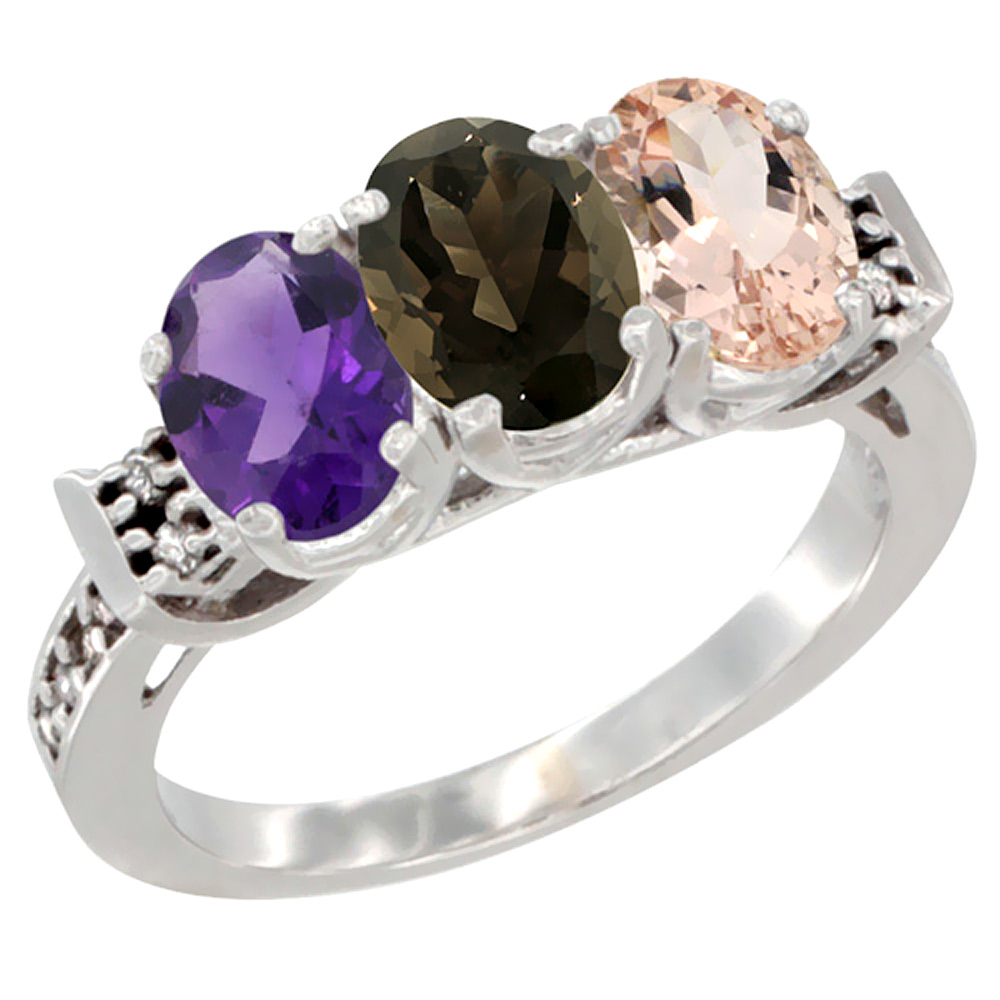 14K White Gold Natural Amethyst, Smoky Topaz & Morganite Ring 3-Stone 7x5 mm Oval Diamond Accent, sizes 5 - 10