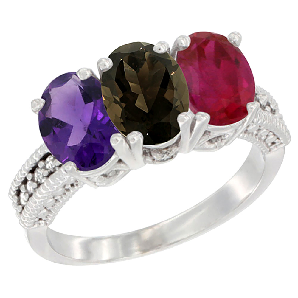 14K White Gold Natural Amethyst, Smoky Topaz & Enhanced Ruby Ring 3-Stone 7x5 mm Oval Diamond Accent, sizes 5 - 10