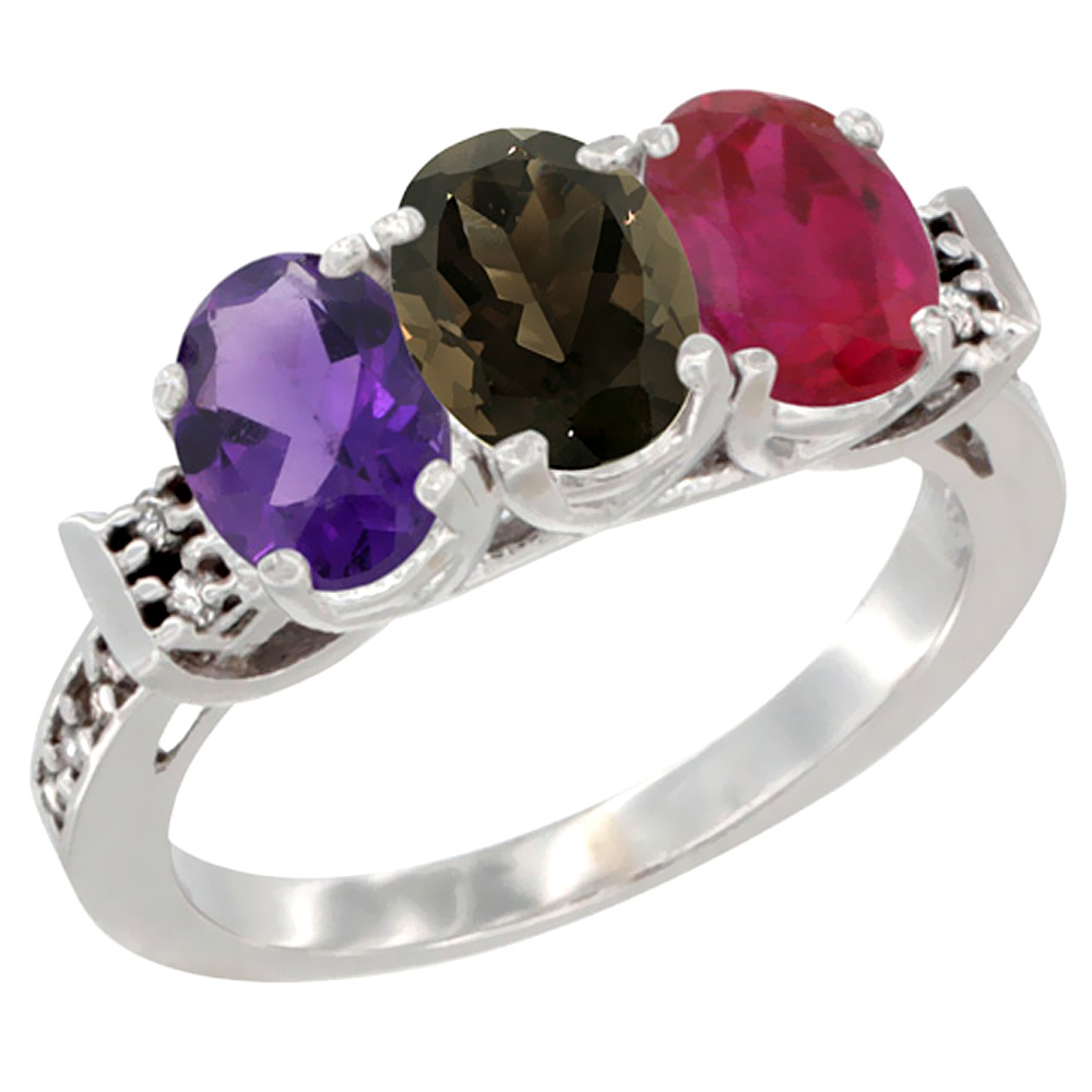 10K White Gold Natural Amethyst, Smoky Topaz & Enhanced Ruby Ring 3-Stone Oval 7x5 mm Diamond Accent, sizes 5 - 10