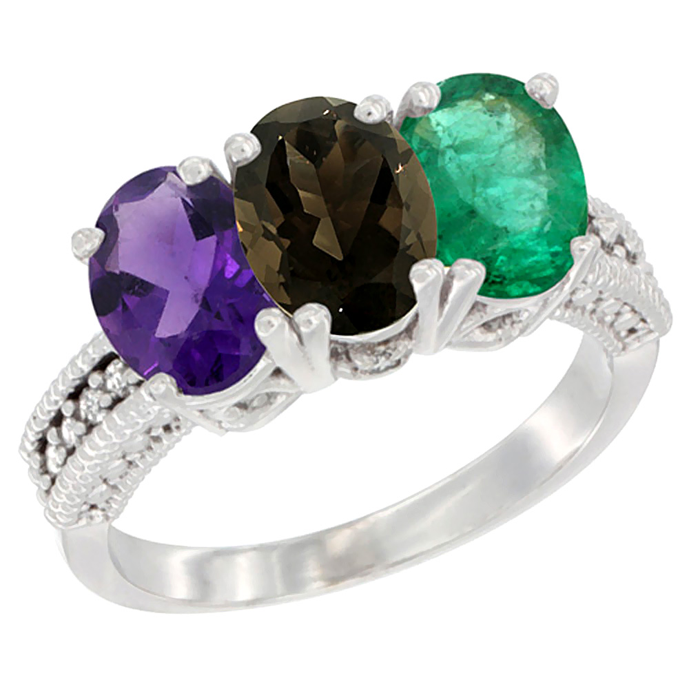 10K White Gold Natural Amethyst, Smoky Topaz & Emerald Ring 3-Stone Oval 7x5 mm Diamond Accent, sizes 5 - 10
