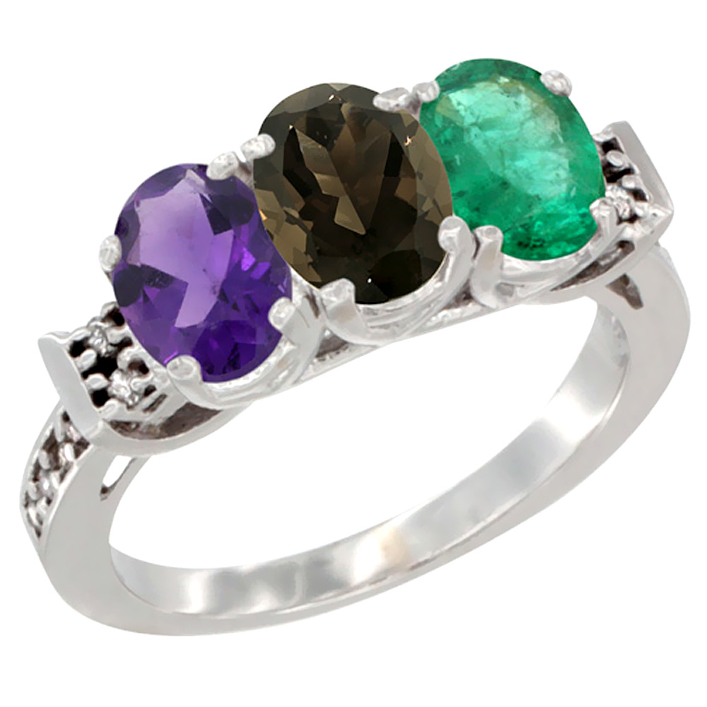 14K White Gold Natural Amethyst, Smoky Topaz & Emerald Ring 3-Stone 7x5 mm Oval Diamond Accent, sizes 5 - 10