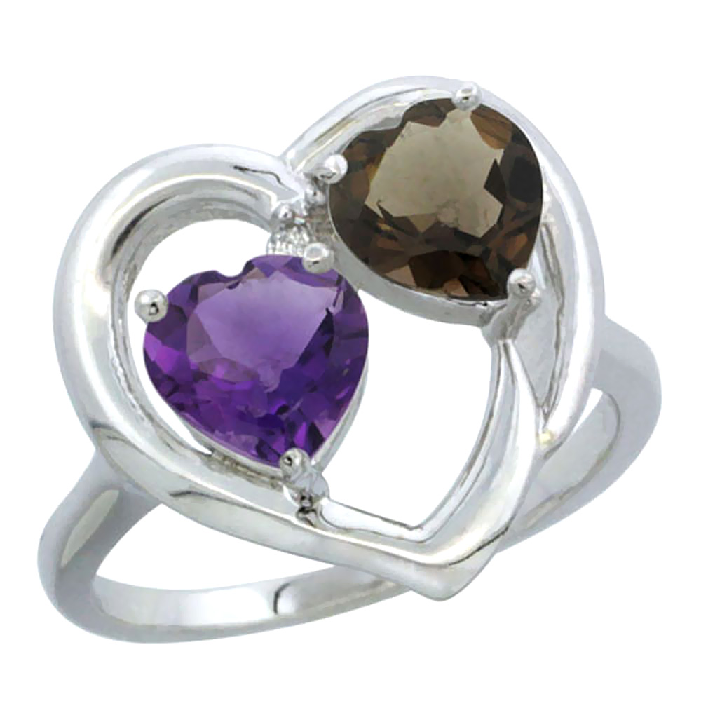 14K White Gold Diamond Two-stone Heart Ring 6mm Natural Amethyst & Smoky Topaz, sizes 5-10