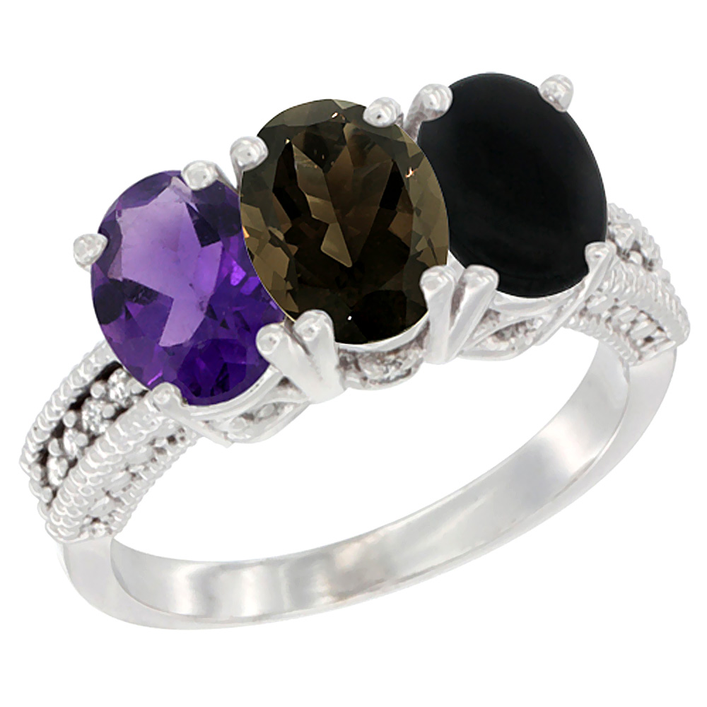 10K White Gold Natural Amethyst, Smoky Topaz & Black Onyx Ring 3-Stone Oval 7x5 mm Diamond Accent, sizes 5 - 10