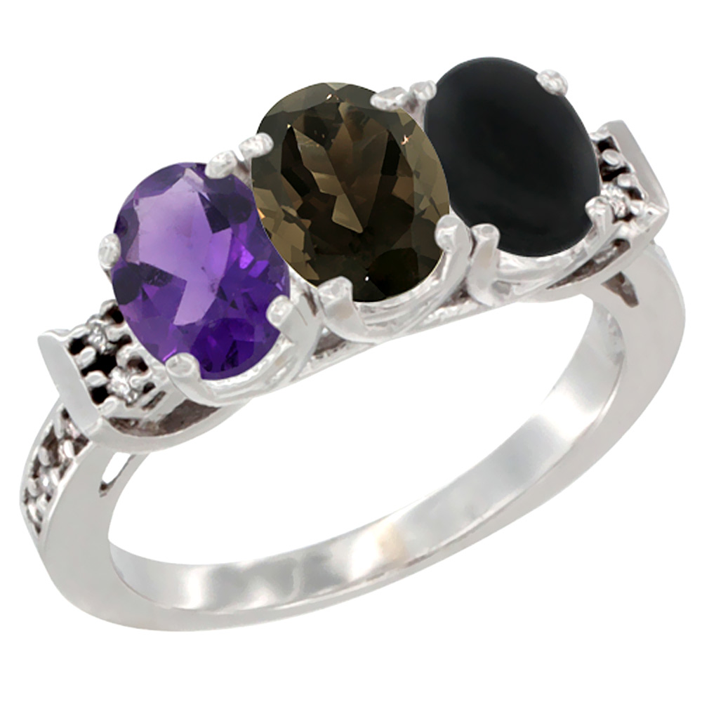 10K White Gold Natural Amethyst, Smoky Topaz & Black Onyx Ring 3-Stone Oval 7x5 mm Diamond Accent, sizes 5 - 10