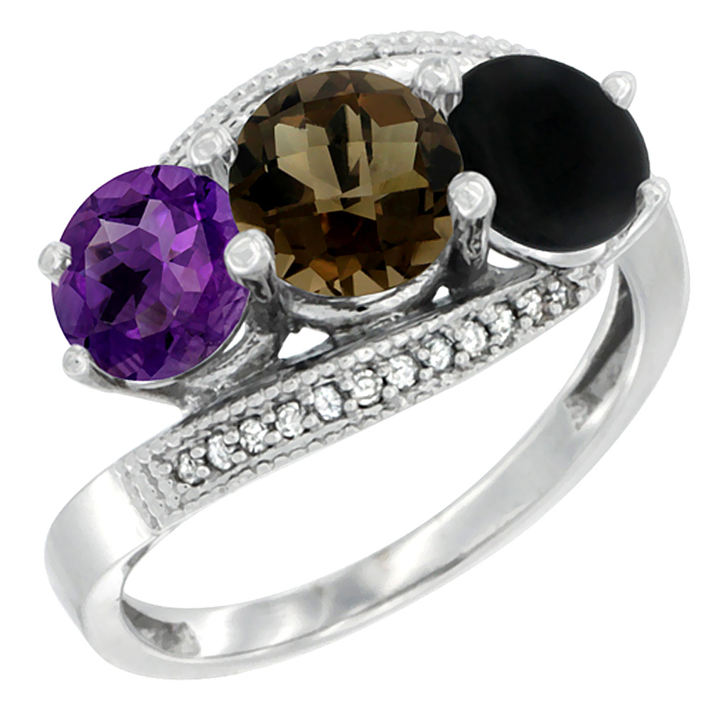 10K White Gold Natural Amethyst, Smoky Topaz & Black Onyx 3 stone Ring Round 6mm Diamond Accent, sizes 5 - 10
