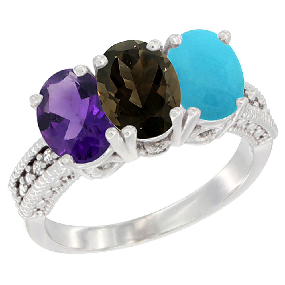 10K White Gold Natural Amethyst, Smoky Topaz & Turquoise Ring 3-Stone Oval 7x5 mm Diamond Accent, sizes 5 - 10